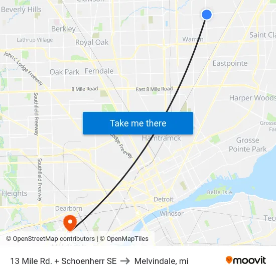 13 Mile Rd. + Schoenherr SE to Melvindale, mi map