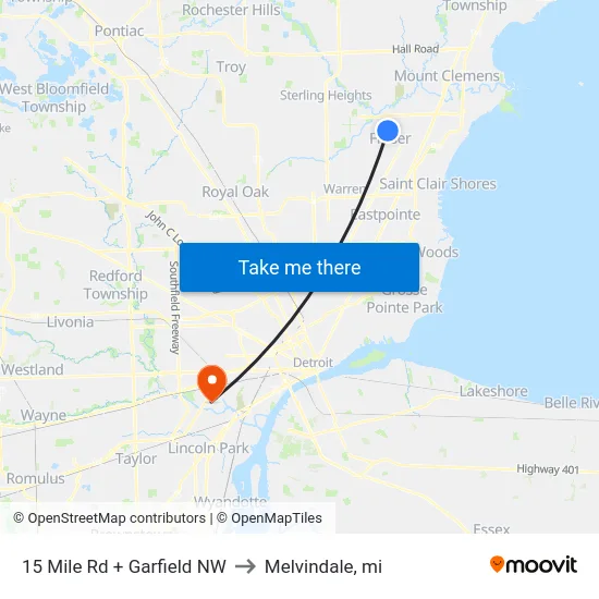 15 Mile Rd + Garfield NW to Melvindale, mi map