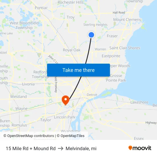 15 Mile Rd + Mound Rd to Melvindale, mi map