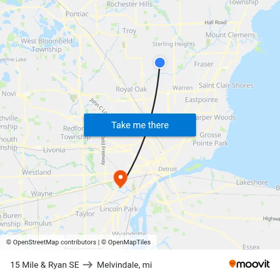 15 Mile & Ryan SE to Melvindale, mi map