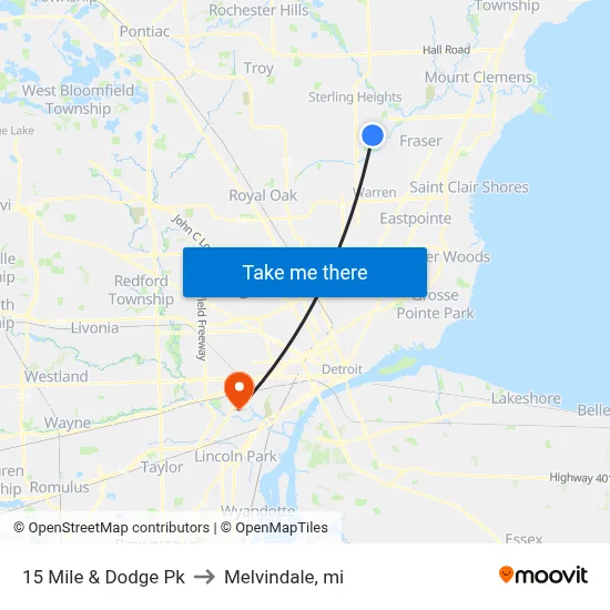 15 Mile & Dodge Pk to Melvindale, mi map