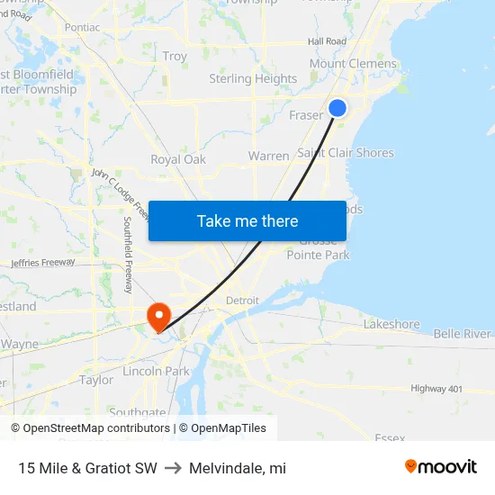 15 Mile & Gratiot SW to Melvindale, mi map