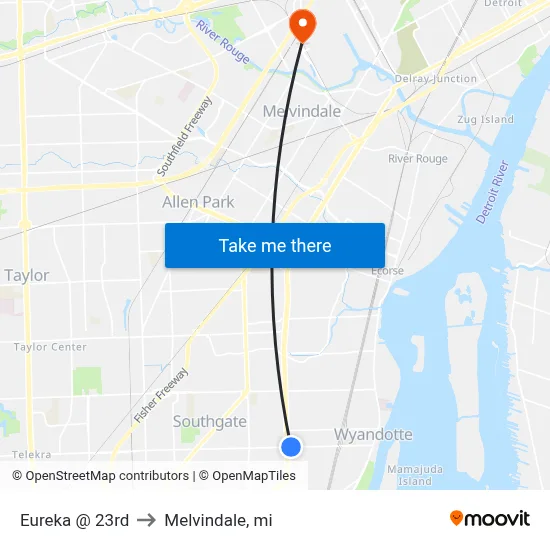 Eureka @ 23rd to Melvindale, mi map