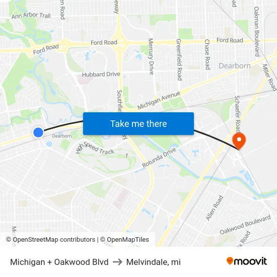 Michigan + Oakwood Blvd to Melvindale, mi map
