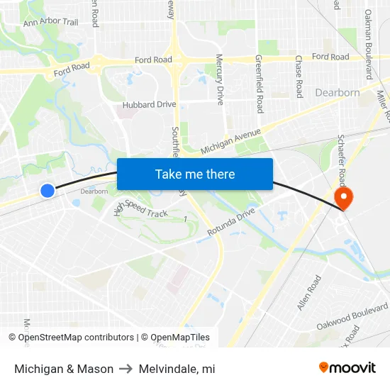 Michigan & Mason to Melvindale, mi map