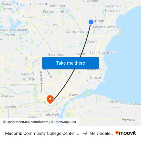 Macomb Community College Center Campus to Melvindale, mi map