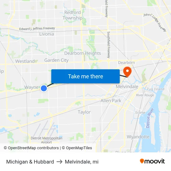 Michigan & Hubbard to Melvindale, mi map