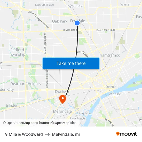 9 Mile & Woodward to Melvindale, mi map