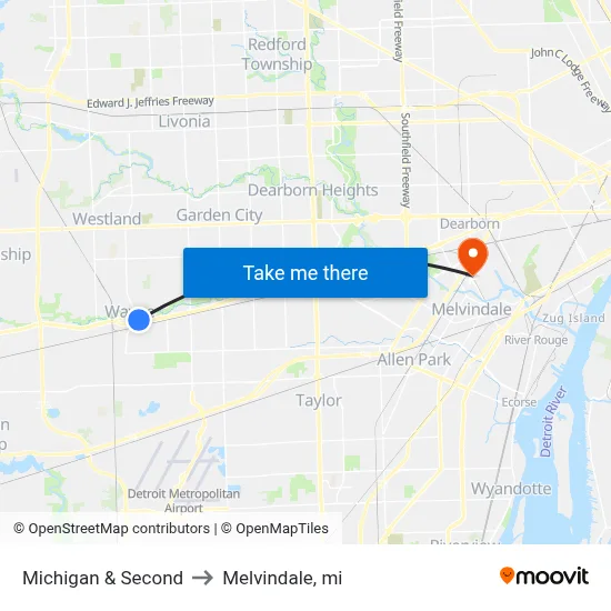 Michigan & Second to Melvindale, mi map