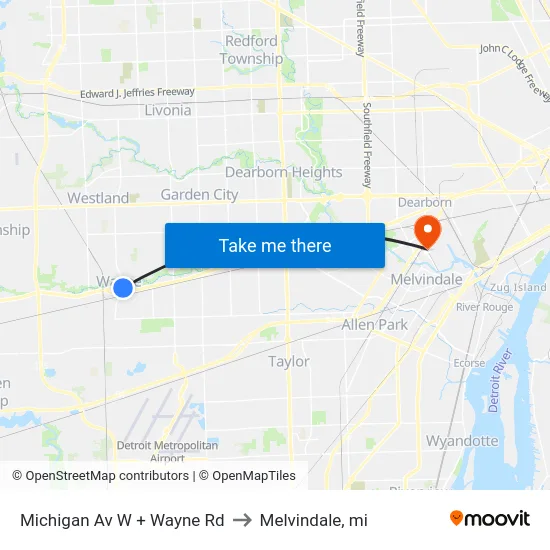 Michigan Av W + Wayne Rd to Melvindale, mi map