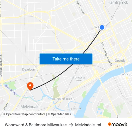 Woodward & Baltimore Milwaukee to Melvindale, mi map