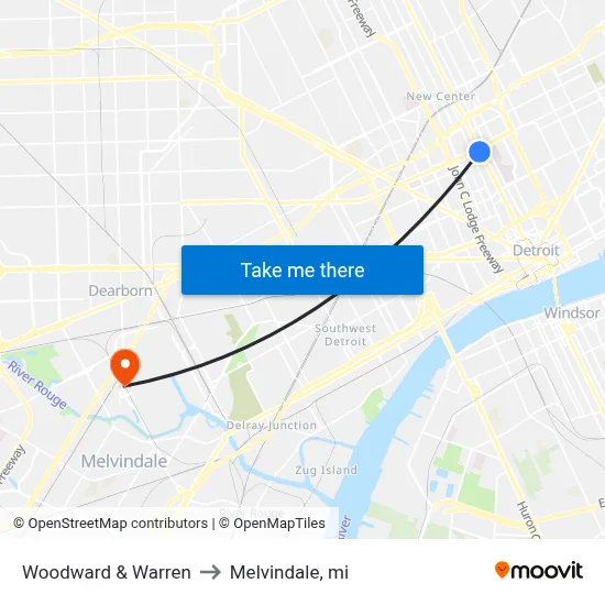 Woodward & Warren to Melvindale, mi map