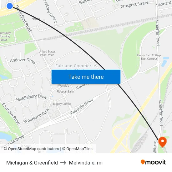 Michigan & Greenfield to Melvindale, mi map