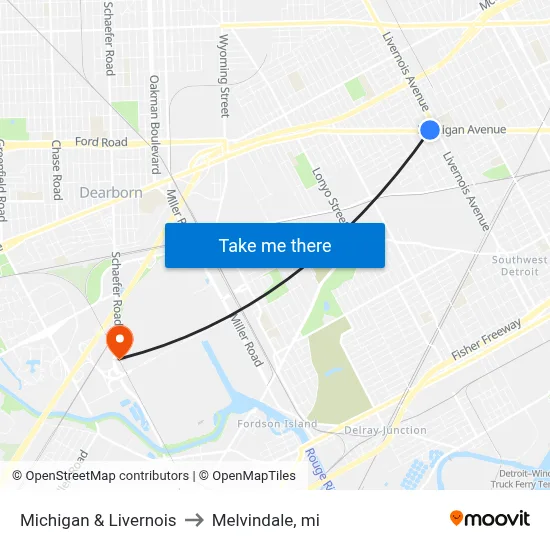 Michigan & Livernois to Melvindale, mi map