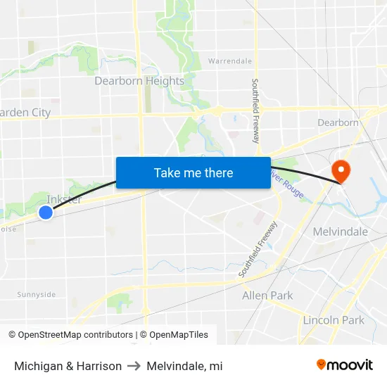 Michigan & Harrison to Melvindale, mi map