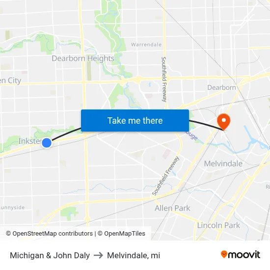 Michigan & John Daly to Melvindale, mi map