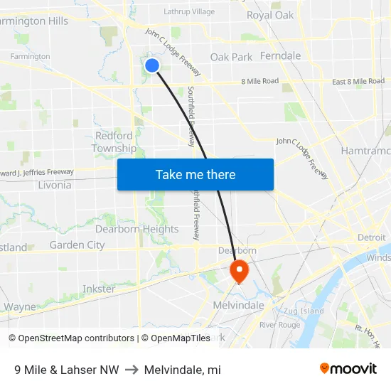 9 Mile & Lahser NW to Melvindale, mi map