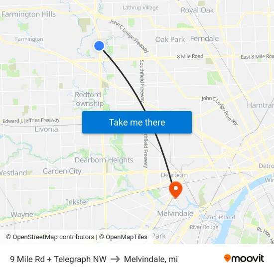 9 Mile Rd + Telegraph NW to Melvindale, mi map