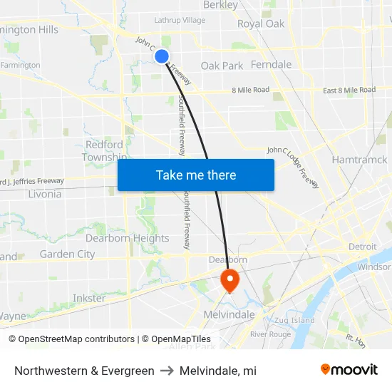 Northwestern & Evergreen to Melvindale, mi map