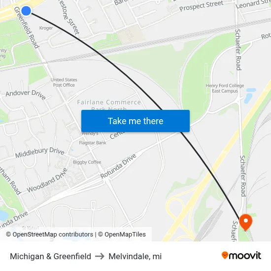 Michigan & Greenfield to Melvindale, mi map