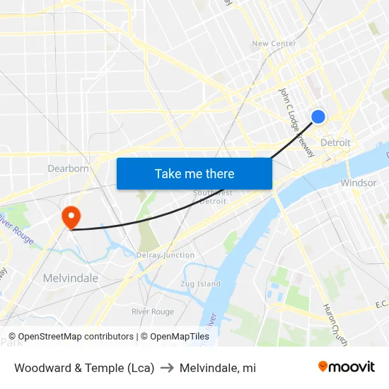 Woodward & Temple (Lca) to Melvindale, mi map