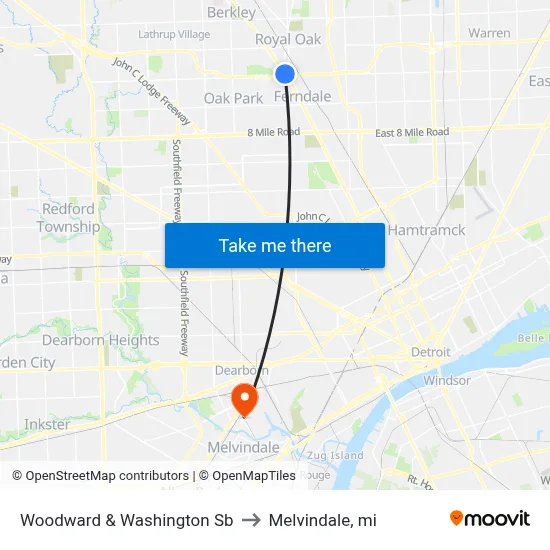 Woodward & Washington Sb to Melvindale, mi map