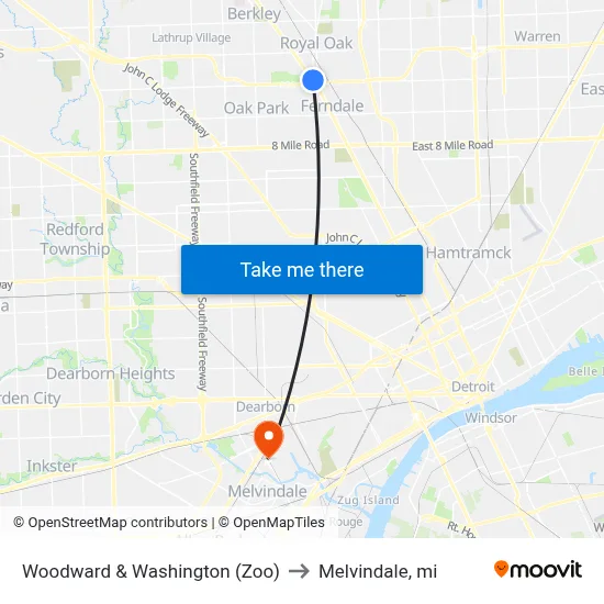 Woodward & Washington (Zoo) to Melvindale, mi map