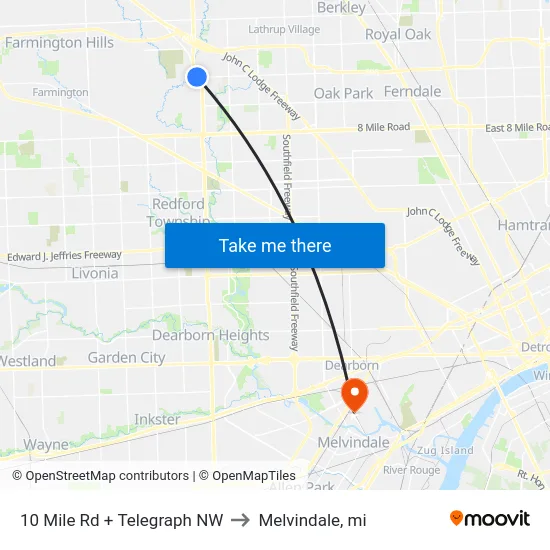 10 Mile Rd + Telegraph NW to Melvindale, mi map