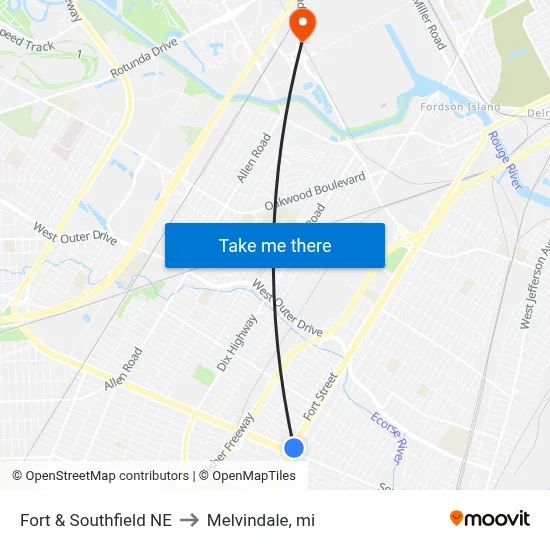 Fort & Southfield NE to Melvindale, mi map