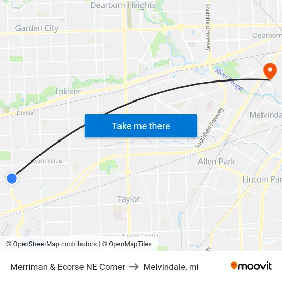 Merriman & Ecorse NE Corner to Melvindale, mi map