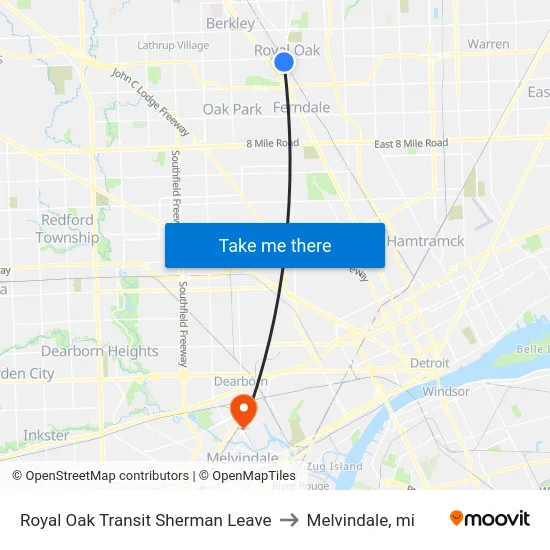 Royal Oak Transit Sherman Leave to Melvindale, mi map