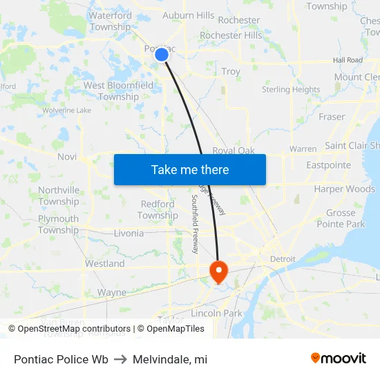 Pontiac Police Wb to Melvindale, mi map