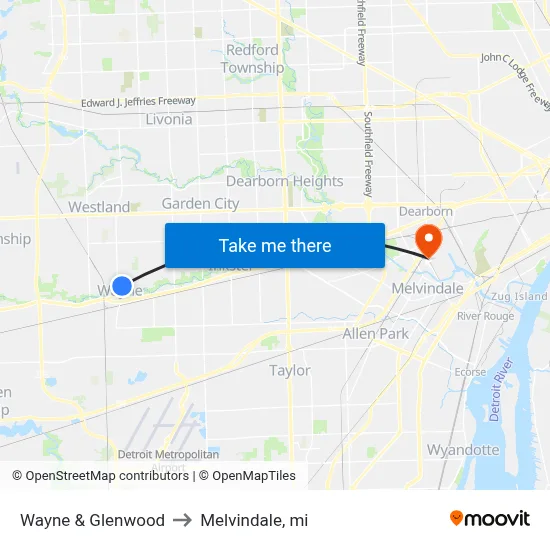 Wayne & Glenwood to Melvindale, mi map