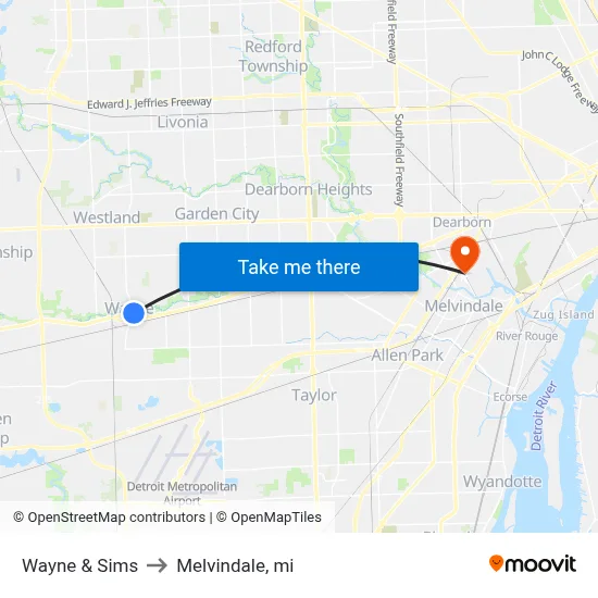 Wayne & Sims to Melvindale, mi map
