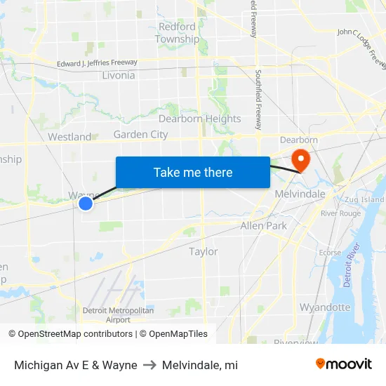 East Michigan & Wayne to Melvindale, mi map