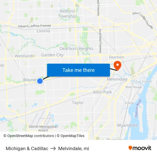 Michigan & Cadillac to Melvindale, mi map