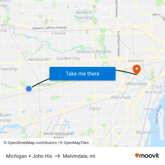 Michigan + John Hix to Melvindale, mi map