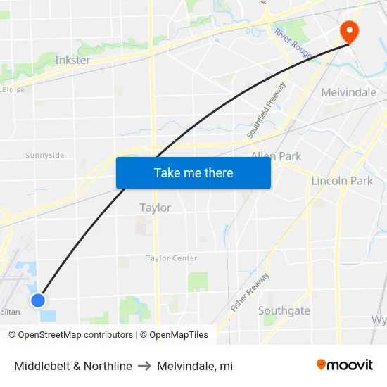 Middlebelt & Northline to Melvindale, mi map