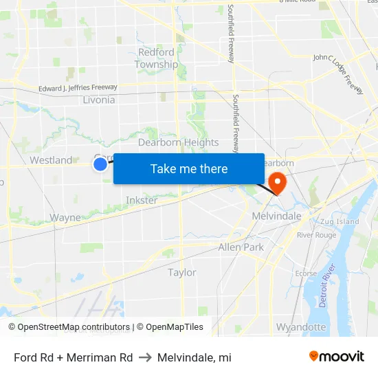 Ford Rd + Merriman Rd to Melvindale, mi map