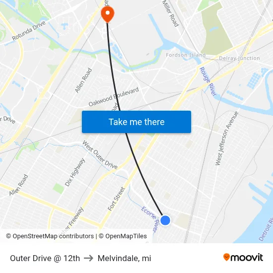 Outer Drive @ 12th to Melvindale, mi map