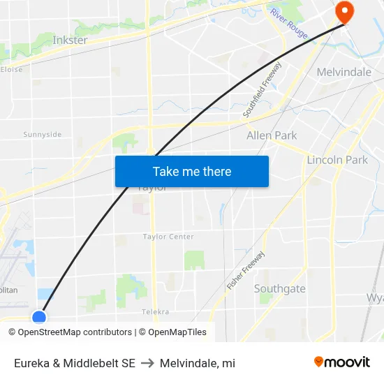 Eureka & Middlebelt SE to Melvindale, mi map