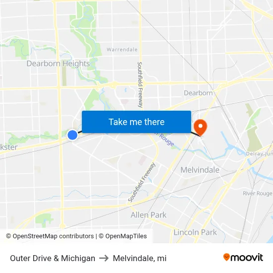 Outer Drive & Michigan to Melvindale, mi map