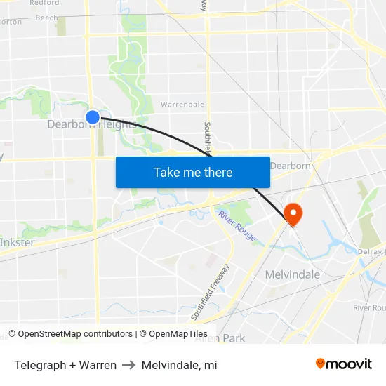Telegraph + Warren to Melvindale, mi map