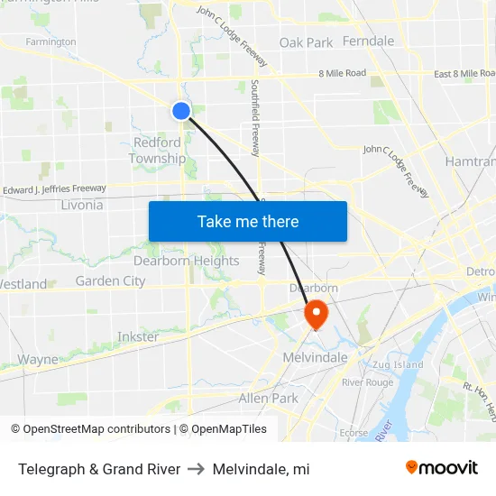 Telegraph & Grand River to Melvindale, mi map
