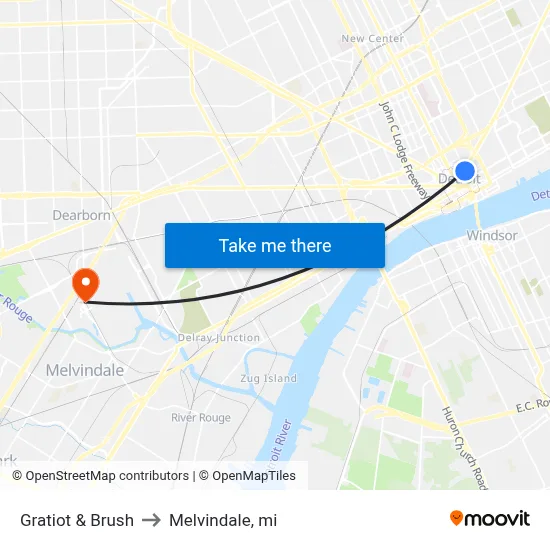Gratiot & Brush to Melvindale, mi map