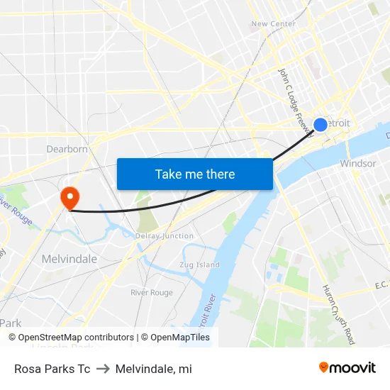 Rosa Parks Tc to Melvindale, mi map