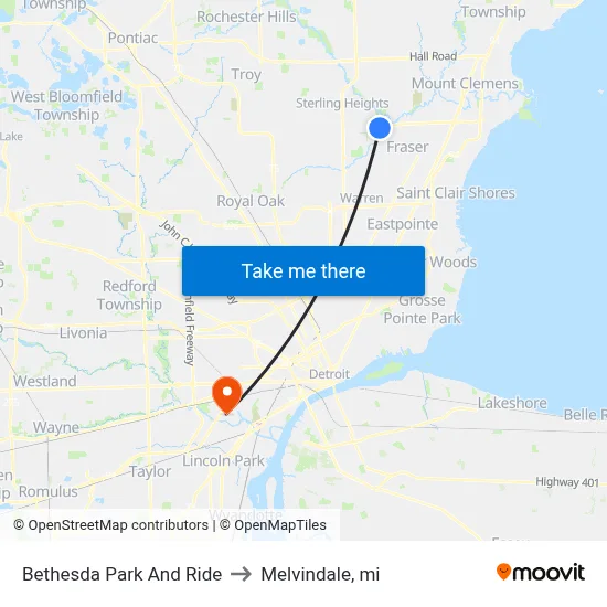 Bethesda Park And Ride to Melvindale, mi map