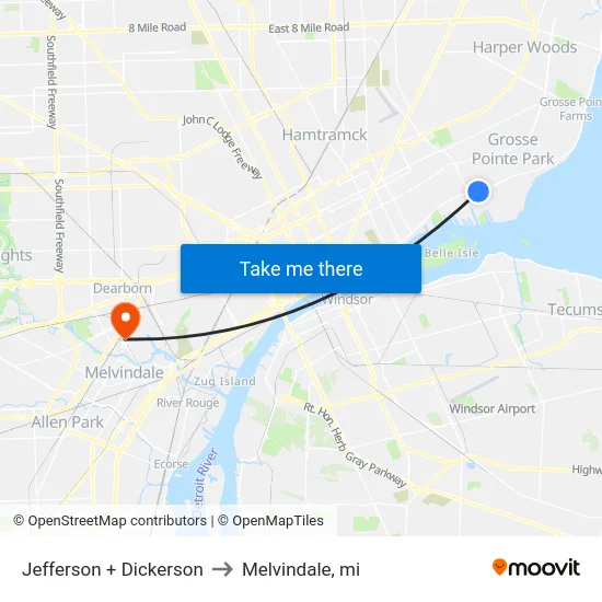 Jefferson + Dickerson to Melvindale, mi map