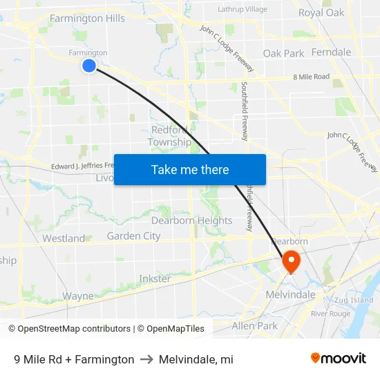 9 Mile Rd + Farmington to Melvindale, mi map