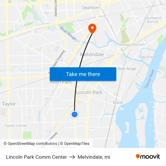Lincoln Park Comm Center to Melvindale, mi map